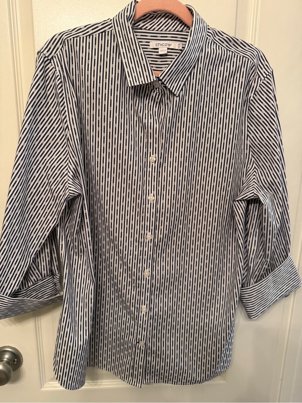 Chico's Navy & White No-Iron Stretch Striped Button-Front Blouse
